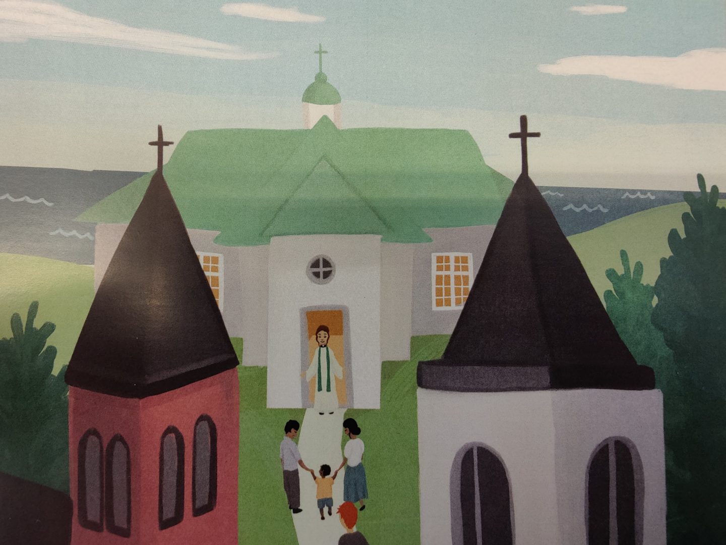 Virolahden, Miehikkälän ja Marian kirkko piirrettynä, pappi Virolahden kirkon ovella