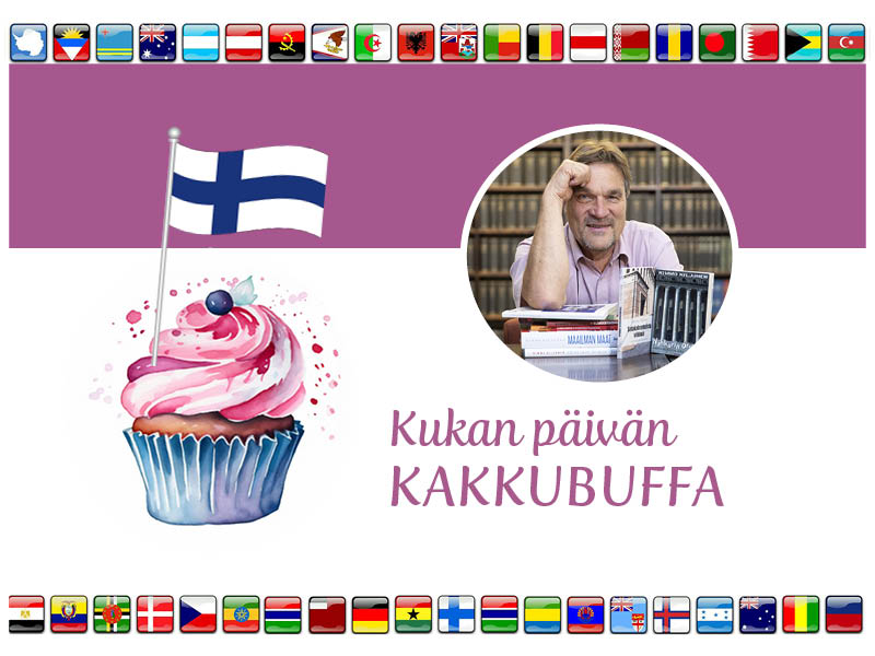 Kimmo Kiljunen ja muffinsi, jossa on Suomen lippu. Ympärillä eri maiden lippuja.