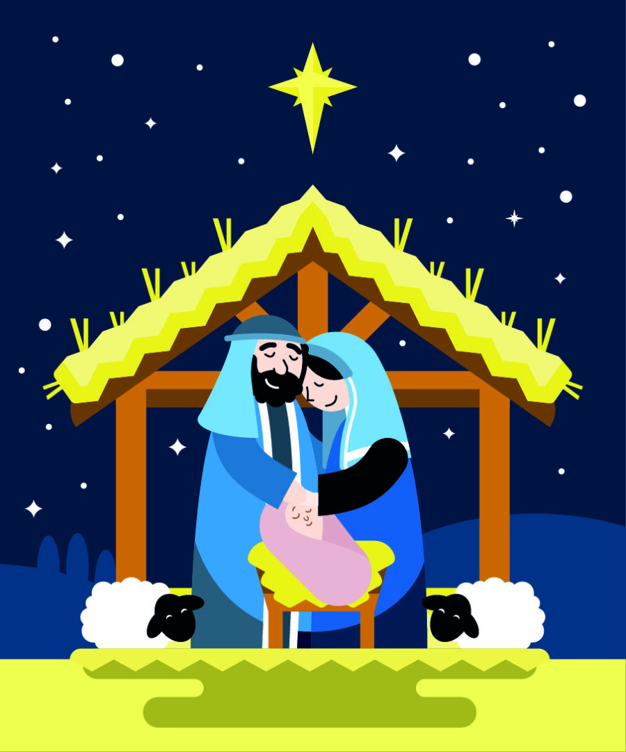 Piirros, jossa Maria, Joosef ja Jeesus-lapsi tallissa. Tallin yläpuolella tähti. Tallin reunoilla kaksi lammasta.