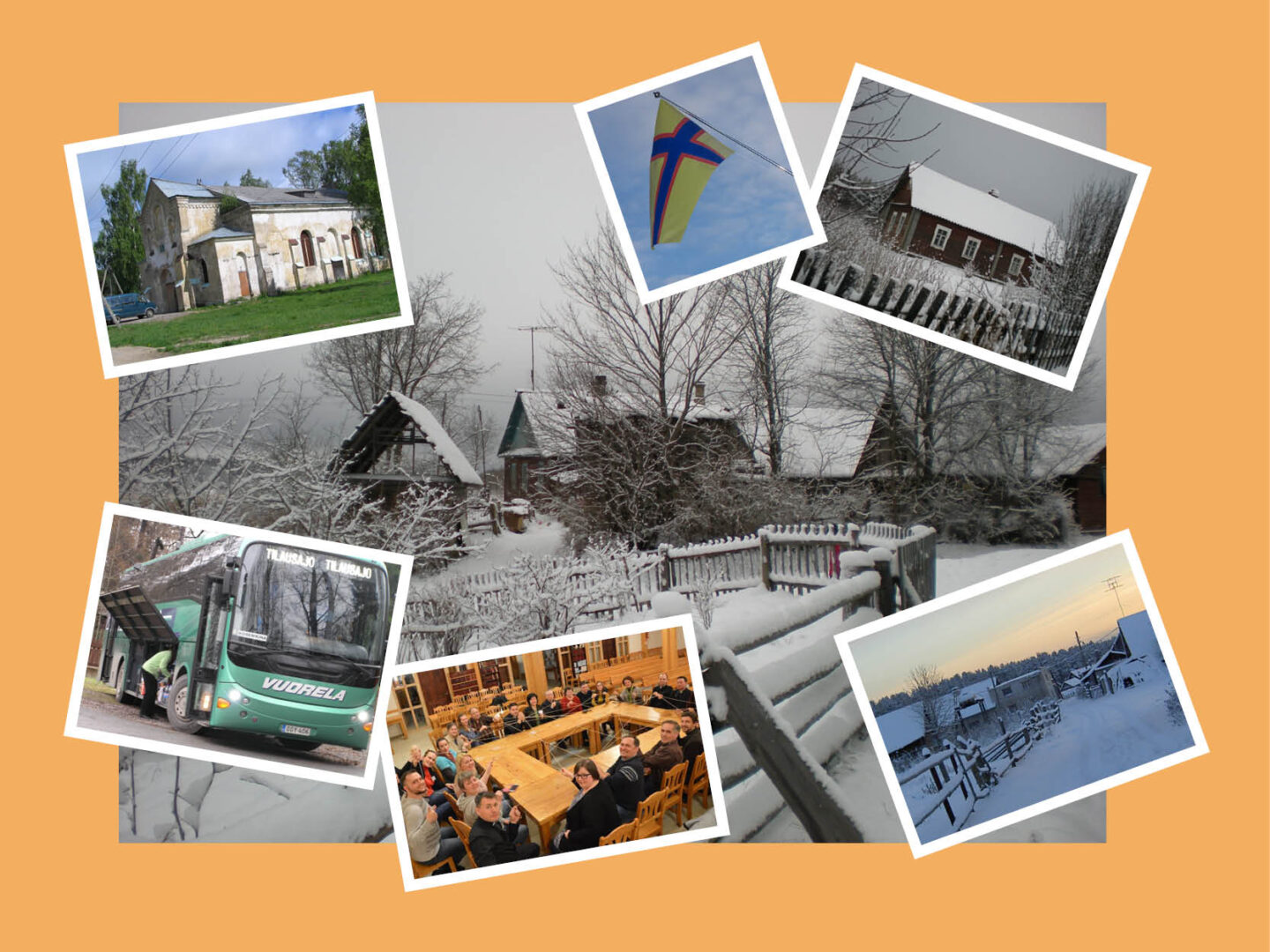 Valokuvia Kosemkinassa olevista rakennuksista, mm. kirkosta.