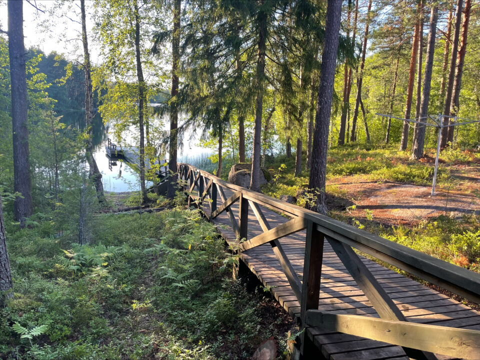 Vehkarinteen laituri ja järvi sekä rannan puita.